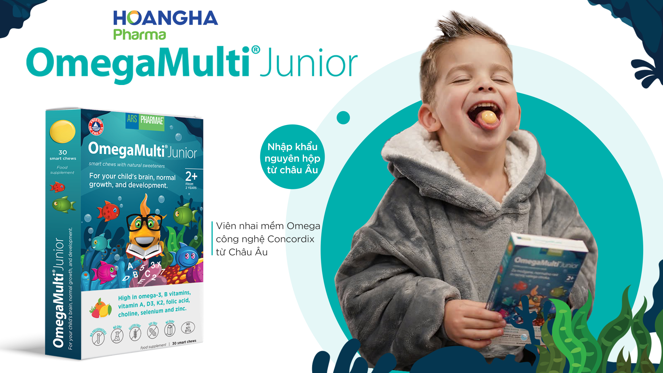 OmegaMulti Junior - Viên nhai mềm vị trái cây tự nhiên ứng dụng công nghệ ConCordix